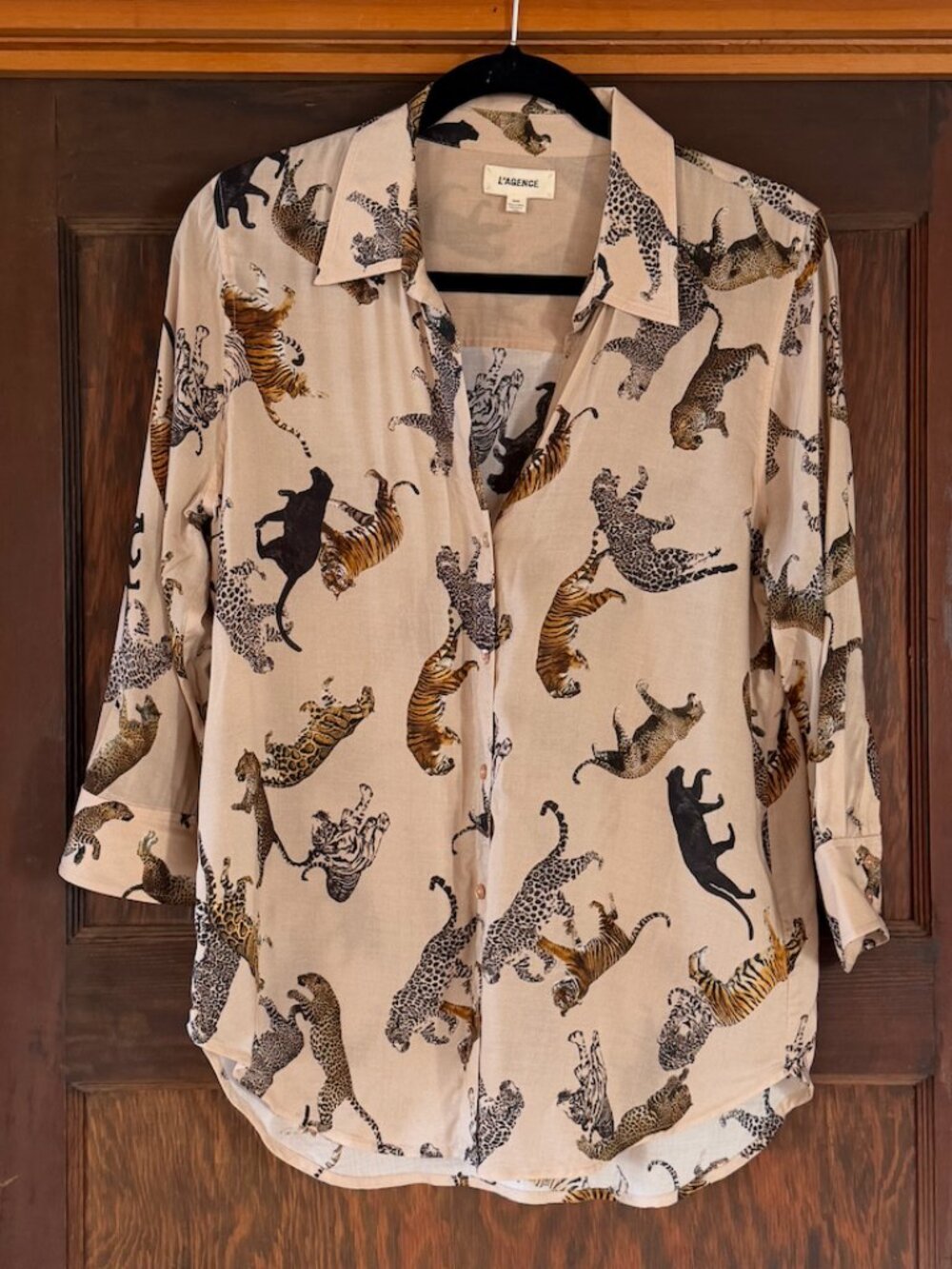 L'AGENCE Camille 3/4 sleeve blouse, taupe multi mix tiger print